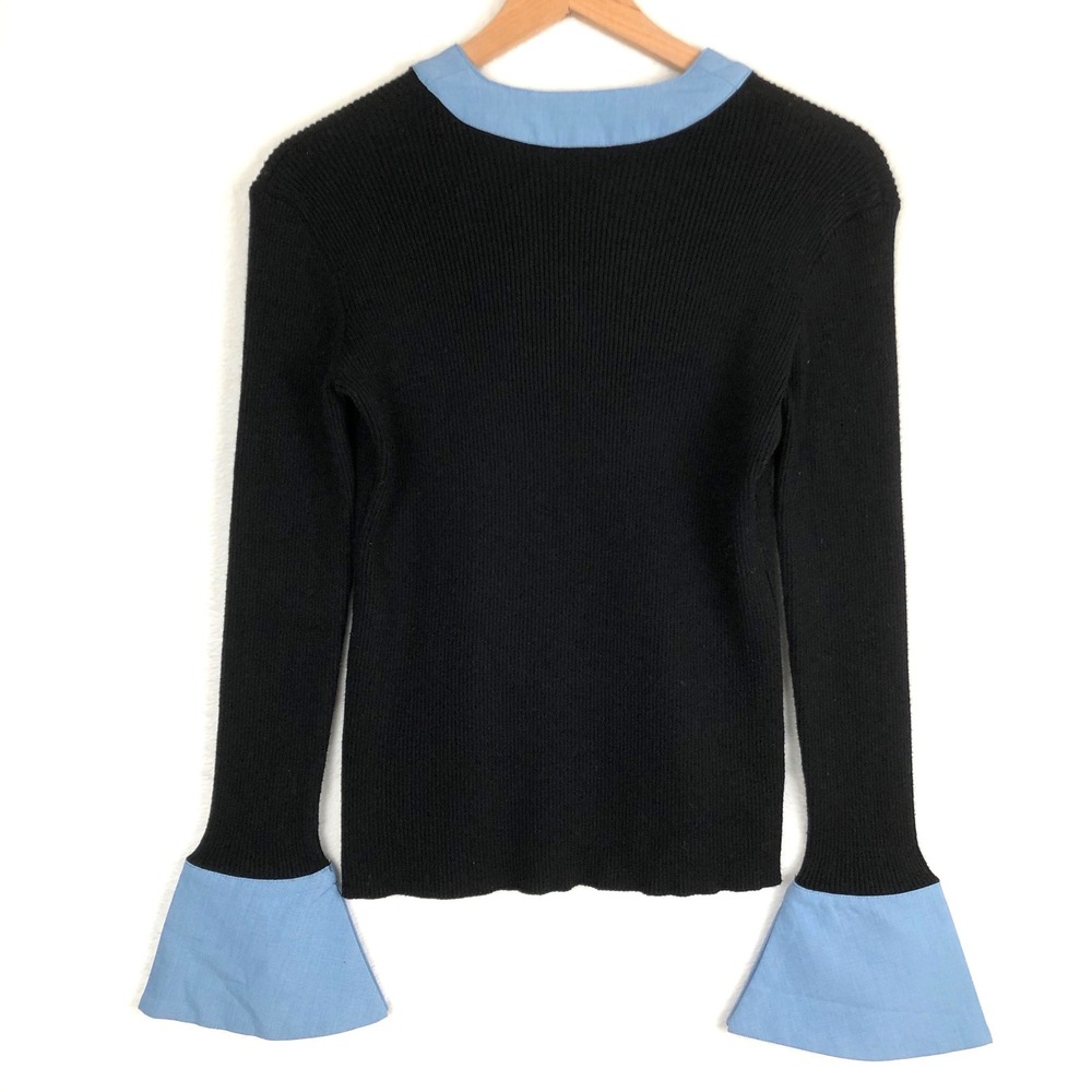 COMMENSE Button‎ Front V Neck Ribbed Bell Sleeve Cardigan Sz S Black Blue Silver - Picture 2 of 9
